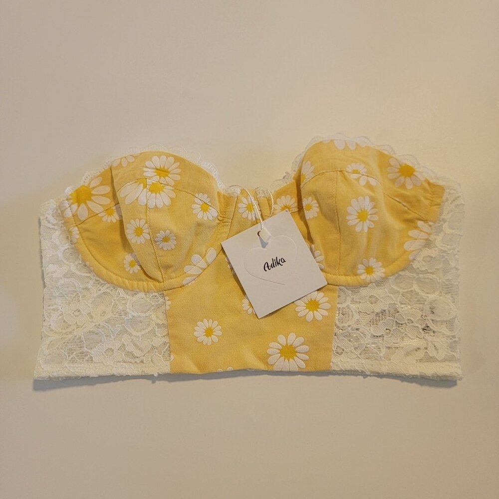 NWT Adika Candy Crop Top Bustier Yellow‎ Floral Daisy Daisies SZ S NEW